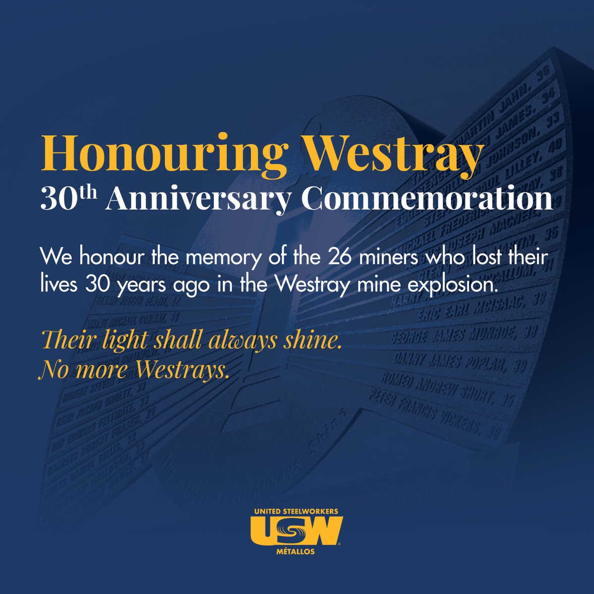 SteelworkersCA's tweet photo. “Today, on the 30th anniversary of the Westray disaster, Steelworkers are in Pictou County to vow to continue our fight for justice for the 26 miners and their families," said #USW Nat'l Director @MartyWarrenUSW.

#CanLab #CdnPoli #StopTheKilling #Westray https://t.co/GZdBtupbPl