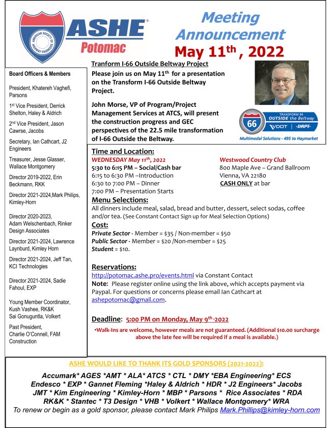 ASHE_Potomac's tweet photo. Please register by 5 pm today for our upcoming dinner meeting and a presentation on I-66 outside Beltway Project. Registration Link: https://t.co/lllDAXGkxh https://t.co/4bBe6hZn3G