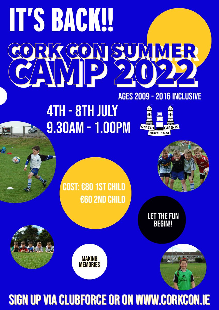 The Con Summer Camp is back!!! 

🗓4th - 8th July 
⏱9:30am - 1:00pm 

€80 for first child, €60 second child. 

Book your place here….⬇️⬇️⬇️

member.clubforce.com/memberships_ca…