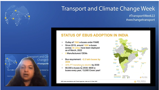 TUMInitiative's tweet photo. Regarding e-bus deployment in India status and developments were shared by @aparnavks  from @WRIindia. About 1900 e-buses have been procured in Indian cities in the past years. The deployment of 3600 e-buses is the target. 🇮🇳 #ebusmission  #TransportWeek22 https://t.co/oIWajlpbPT