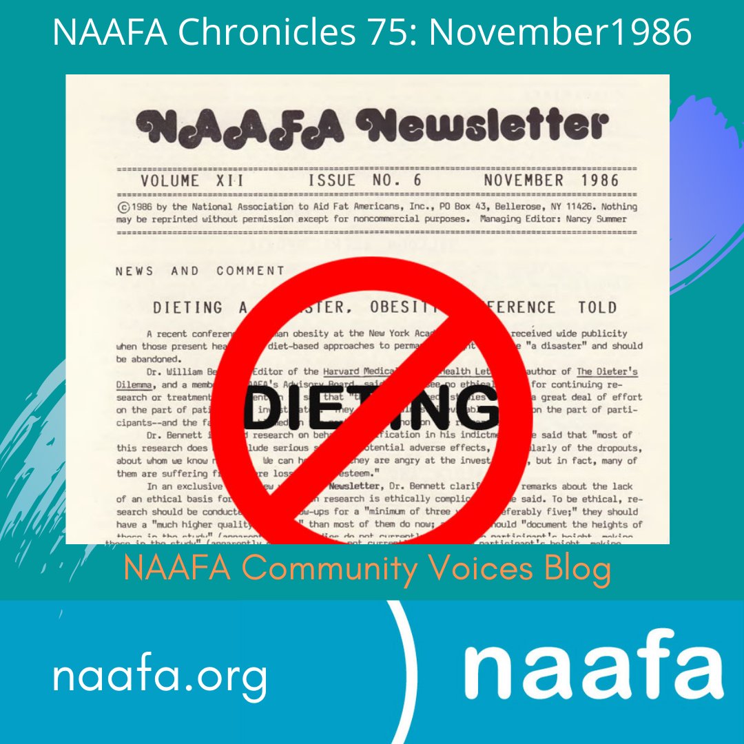 NAAFAofficial's tweet photo. NAAFA Chronicles 75: Nov 1986
The NAAFA Chronicles reflect a pc of fat acceptance/fat activist history. In the Nov 1986 issue, you will find: diet-based approaches are "a disaster", updates on WLS complications & more! https://t.co/oLxNZYeg12
#naafa #FatHistory #NAAFAChronicles https://t.co/ht0u85Zpqu
