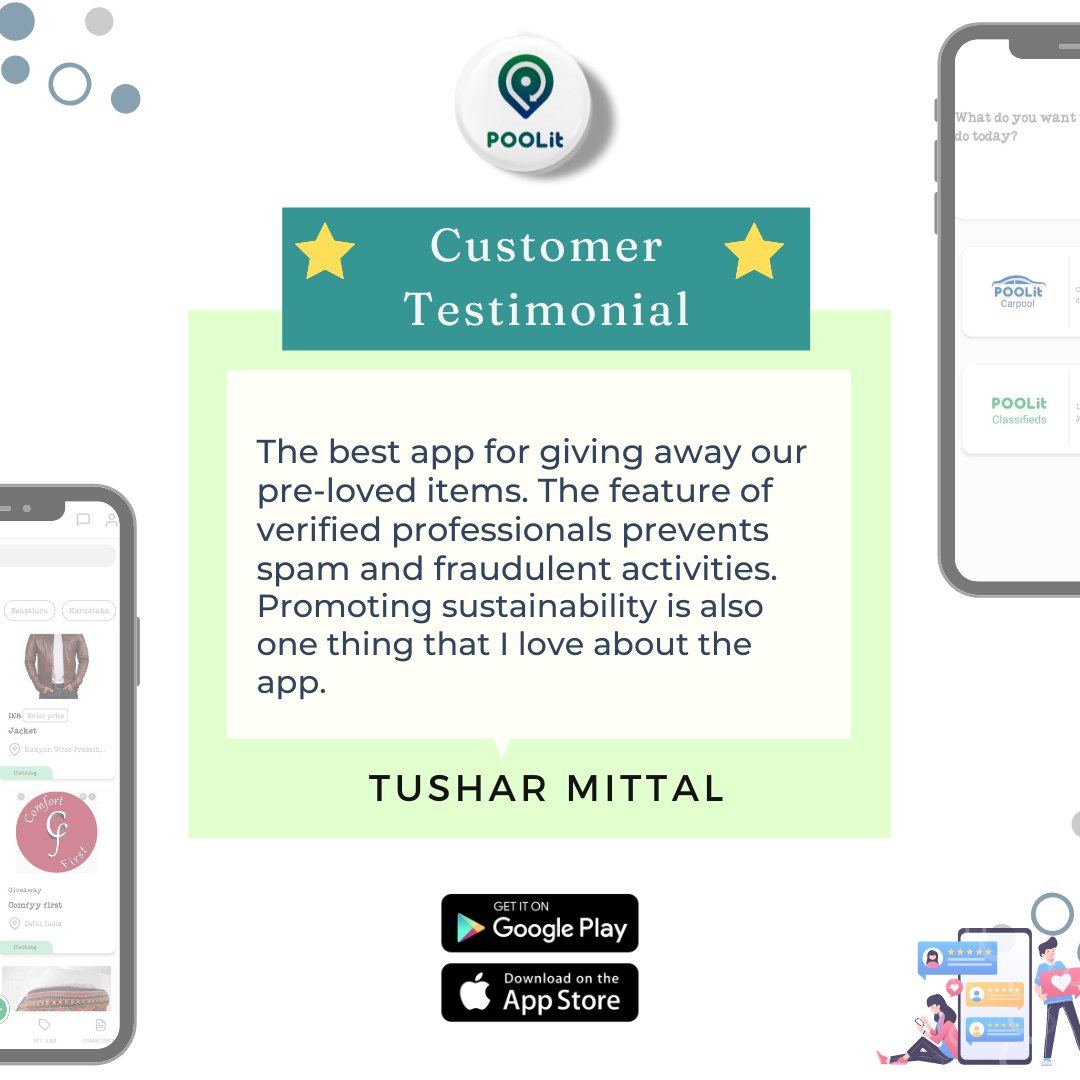 POOLitApp's tweet photo. Tushar Mittal found POOLit very useful for giving away pre-loved items. POOLit is a group of sustainable conscious community and as the users are verified professionals, there's no scam involved between the buyer &amp; seller.

#carpoolinindia #sustainableliving #climatechangeisreal https://t.co/LsW9R0uuu1