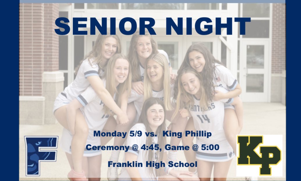 Tonight is Senior Night!  Come out and show your support for these 7 amazing seniors as FHS takes on KP 🥍 💪🏻 4:45 ceremony &amp; game to follow.  <a href="/Fhsglax/">Franklin Girls Lacrosse</a> <a href="/FHSSports/">FranklinAthletics</a> <a href="/HockomockSports/">HockomockSports</a> <a href="/MetroWestSports/">Daily News Sports</a> <a href="/TrevorHass/">Trevor Hass</a> <a href="/BostonHeraldHS/">Danny Ventura</a>
