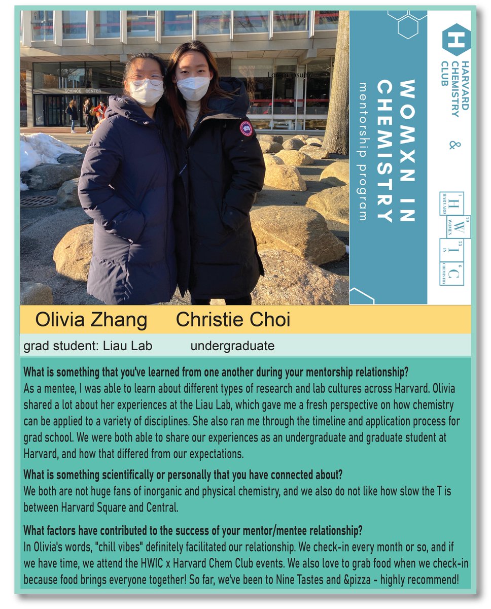 Harvard Women+ in Chemistry (@harvardwic) on Twitter photo Today we're thrilled to bring you a special spotlight of one of our HWIC x Harvard Chem Club pairings!
"We never stop being a mentee and it's never too early to be a mentor" -<a href="/jenheemstra/">Jen Heemstra</a>
Read more about Olivia and Christie at harvardwic.org/spotlight Today we're thrilled to bring you a special spotlight of one of our HWIC x Harvard Chem Club pairings!
"We never stop being a mentee and it's never too early to be a mentor" -<a href="/jenheemstra/">Jen Heemstra</a>
Read more about Olivia and Christie at harvardwic.org/spotlight