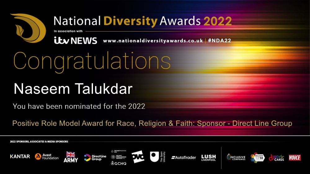 ndawards's tweet photo. Congratulations to Naseem Talukdar @Naseem_talukdar who has been nominated for the Positive Role Model Award for Race, Faith &amp; Religion: sponsored by @DLGroupMedia at The National Diversity Awards 2022 in association with @itvnews. To vote please visit https://t.co/As2Ei9UruY https://t.co/SWDSSl91yv