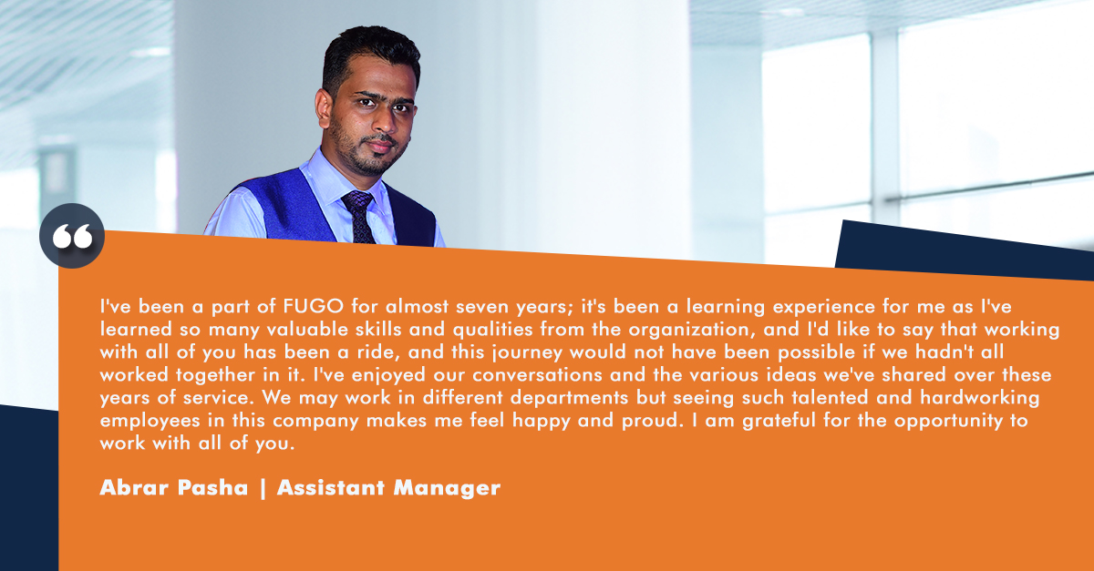 fugoservices's tweet photo. Dear Abrar,

Thank you for being a valuable member for the past seven years of FUGO Services. As an Assistant Manager, you give your heart &amp; soul to every role assigned to you. Keep up the good work, and once again, thank you. We value your efforts.
 
#success #growth https://t.co/BkFebeVFVw