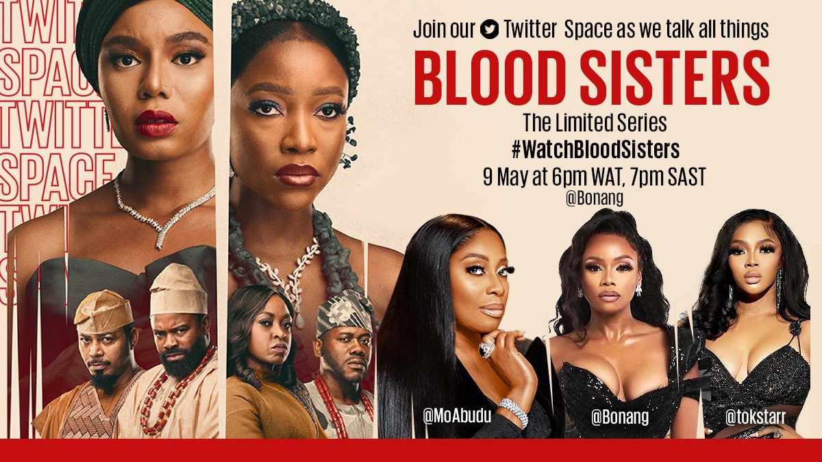 Join me, and the indomitable <a href="/Bonang/">Bonang Matheba 👑</a> and <a href="/MoAbudu/">Mo Abudu</a> on our *TWITTER SPACE tonight, at 6PM WAT, 7PM SAST, as we talk BloodSisters, Netflix’s first Nigerian original series. Nigeria and Africa are creating groundbreaking, global-worthy stories. It’s our time to shine