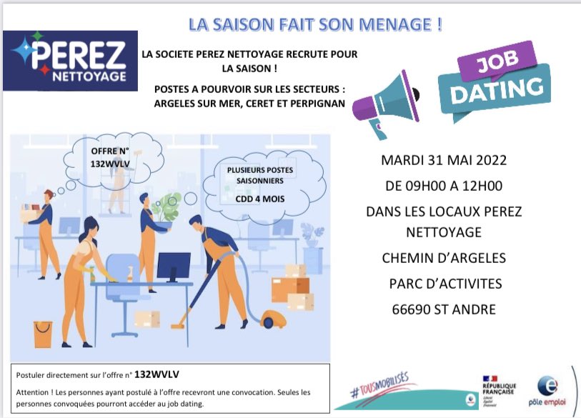 christophe_pe's tweet photo. Job Dating pour le secteur du nettoyage le 31 mai 2022. Plusieurs postes à pourvoir dans les P/O. Le service entreprise du pôle emploi d’#argeles se mobilise pour cette événement. #TousMobilises #Recrutement https://t.co/eOUOT0kpLB