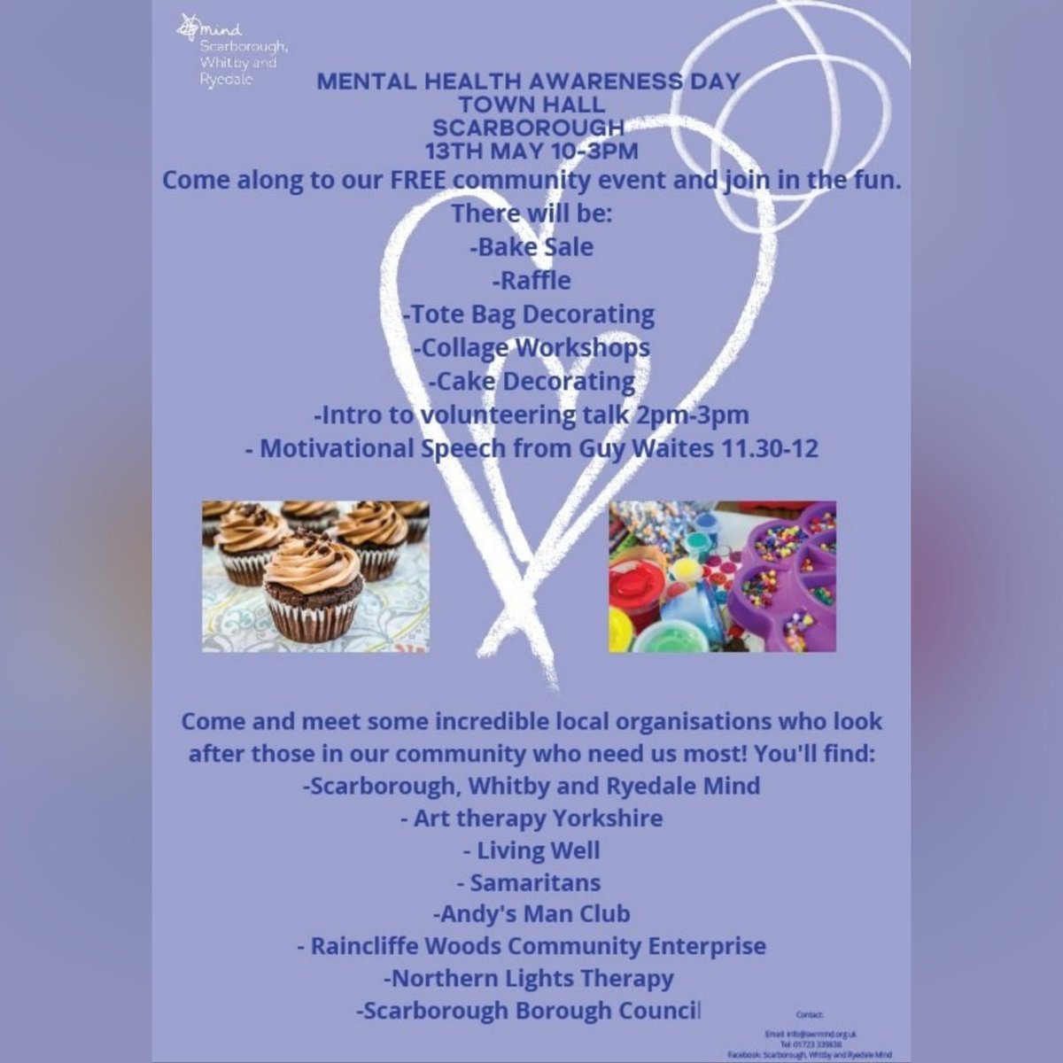 ATY will be joining MIND Scarborough,Whitby and Ryedale and other organisations in Scarborough at the Town Hall this Friday 13th May between 10am and 3pm. 
We hope you can pop in and see us! 💚 #ArttherapyYorkshire #mindscarborough #mentalhealthawarenessday2022