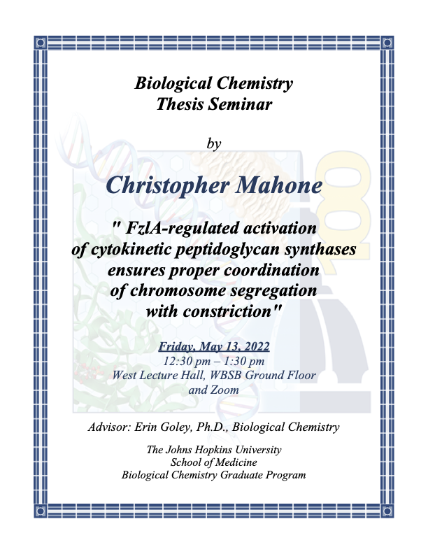 HopkinsBiolChem's tweet photo. .@BCGradJhmi student @ItsChrisMahone will present his thesis seminar on Friday, May 13 at 12:30pm in the WBSB West Lecture Hall and on zoom. Chris will discuss his work in the @goleylab addressing mechanisms that ensure robust cell division in Caulobacter crescentus. DM for Zoom. https://t.co/2ydKkveFic