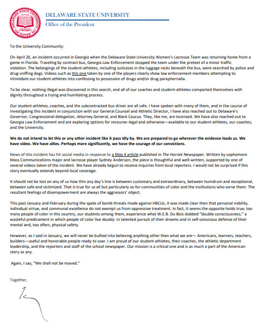 DelStateAA's tweet photo. A Message from University President, Dr. Tony Allen regarding the DSU Lax Team Bus Incident https://t.co/5J7Md1tTYr