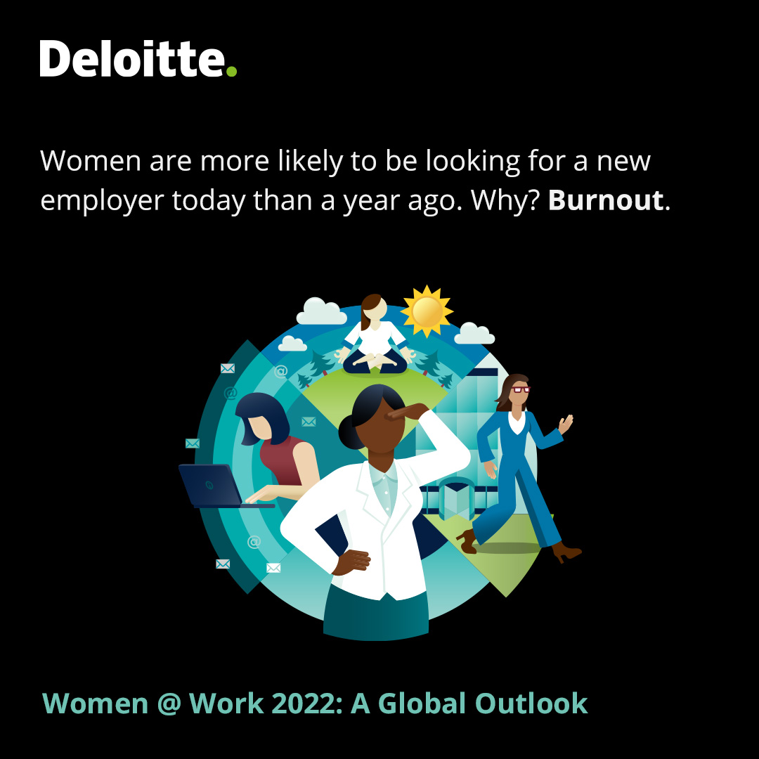 DeloitteIndia's tweet photo. Women are more likely to be looking for a new role today than this time last year. How can your organization retain talent? Women @ Work 2022: A Global Outlook provides recommendations on how to become a #GenderEquality leader. https://t.co/m2U4QRJ3aE

#WomenAtWork22 https://t.co/H4jLKMPZsG