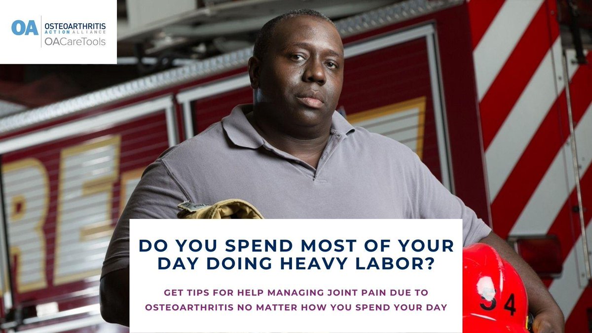oaactionallianc's tweet photo. Do you spend most of your day doing heavy labor? Get tips for help managing joint pain due to #osteoarthritis no matter how you spend your day - in partnership with @pfizer: https://t.co/OETP2HZT4o #OAAwarenessWeek #ArthritisAwarenessMonth https://t.co/3KOMh5Ppdb