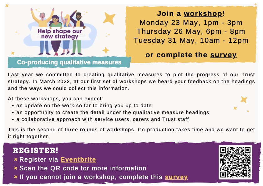 MaudsleyNHS's tweet photo. We usually look at numbers to measure success, but personal experience is just as important – help us co-produce qualitative measures for our Trust Strategy ⬇️
https://t.co/MRb59FTf6A
@HWSouthwark @HWLambeth 
@HWLewisham @HealthwatchCR0 
#HelpShapeOurStrategy #PartnershipsEvents https://t.co/ru6fqesLig