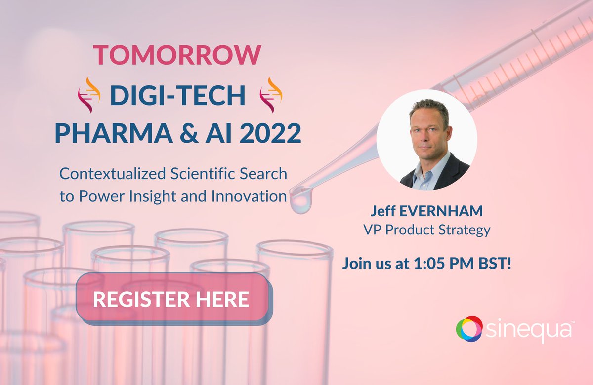 sinequa's tweet photo. Join us TOMORROW to the virtual event Digi-Tech Pharma &amp; AI 2022 and discover the developments reforming the pharmaceutical industry!

LAST CHANCE TO REGISTER: https://t.co/8SvUv7qOWI - use our special discount SINE10!

#enterprisesearch #digitechpharma #innovation #pharma #ai https://t.co/hFEtcwn4ei