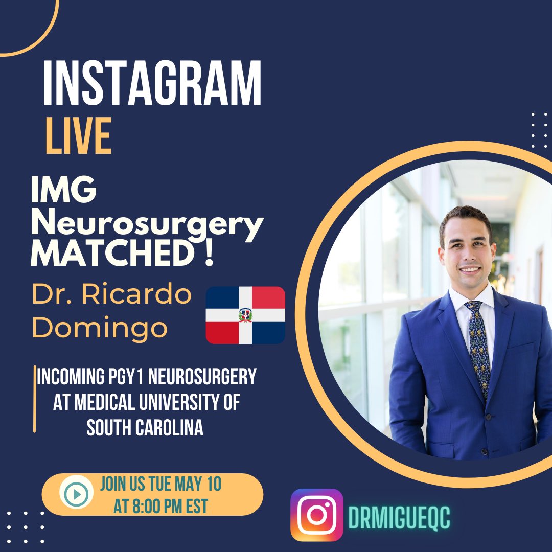 Miguel Quintero-Consuegra, M.D (@drmigueqc) on Twitter photo Our next guest of successful IMGs in #neurosurgery, we are gonna have <a href="/radomingoc/">Ricardo A. Domingo Cabreja, MD</a>, incoming intern at the <a href="/HolyCityNsgy/">MUSC Neurosurgery</a> ! He is an IMG from Dominican Republic š©š“ ! He will share with us his journey tomorrow! Donāt miss it! #MedTwitter #neurotwitter #Latinos Our next guest of successful IMGs in #neurosurgery, we are gonna have <a href="/radomingoc/">Ricardo A. Domingo Cabreja, MD</a>, incoming intern at the <a href="/HolyCityNsgy/">MUSC Neurosurgery</a> ! He is an IMG from Dominican Republic š©š“ ! He will share with us his journey tomorrow! Donāt miss it! #MedTwitter #neurotwitter #Latinos