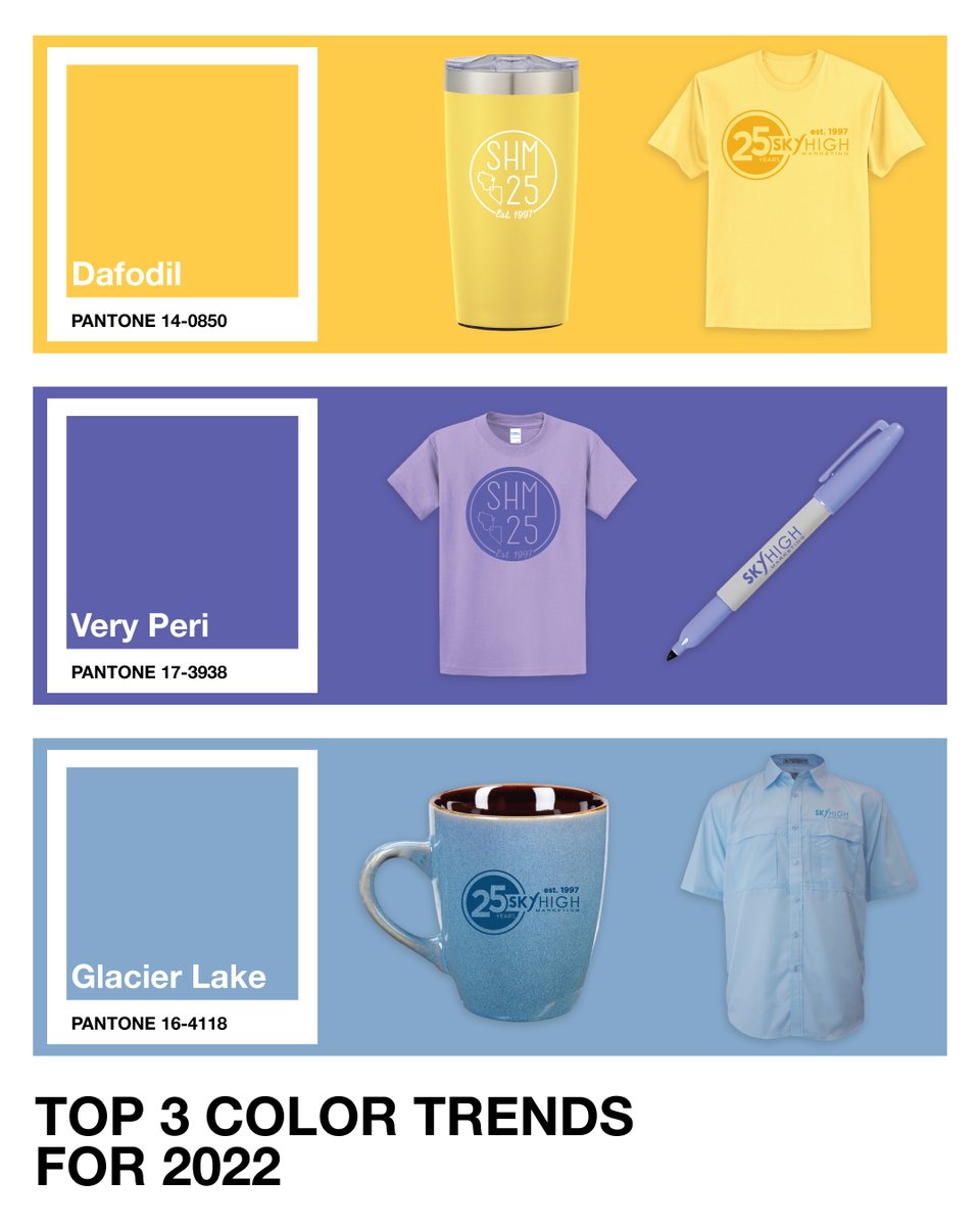 skyhighmktg's tweet photo. Happy Monday, friends! Check out today's top three 2022 color trends! Keep these great color hues in mind next time you order your branded merch🤩 #colorislife #trendingcolors2022 https://t.co/siDGjKfDvy
