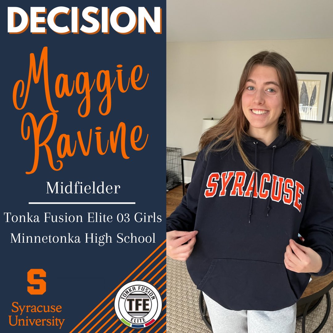 03Tfe's tweet photo. DECISION!!

Congrats to @03Tfe’s smart play-making midfielder, Maggie Ravine, on her decision to continue her education at Syracuse University—majoring in Biology!  The Orange are lucky to have you, Maggie!  Way to go!

@TonkaFusionMN 
@mhswsoccer https://t.co/QxFbxC8kUG