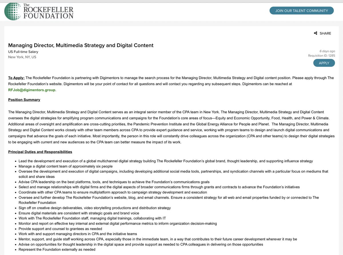 sree's tweet photo. TERRIFIC JOB at a TERRIFIC ORG! @RockefellerFdn is hiring Managing Director, Multimedia Strategy &amp; Digital Content. Please share w/your networks. 

My @digimentors team is helping w/the hire, so LMK if you apply. Qs? Listing has an email address.
https://t.co/gnjUgQunQn https://t.co/YgqmWDmgXZ