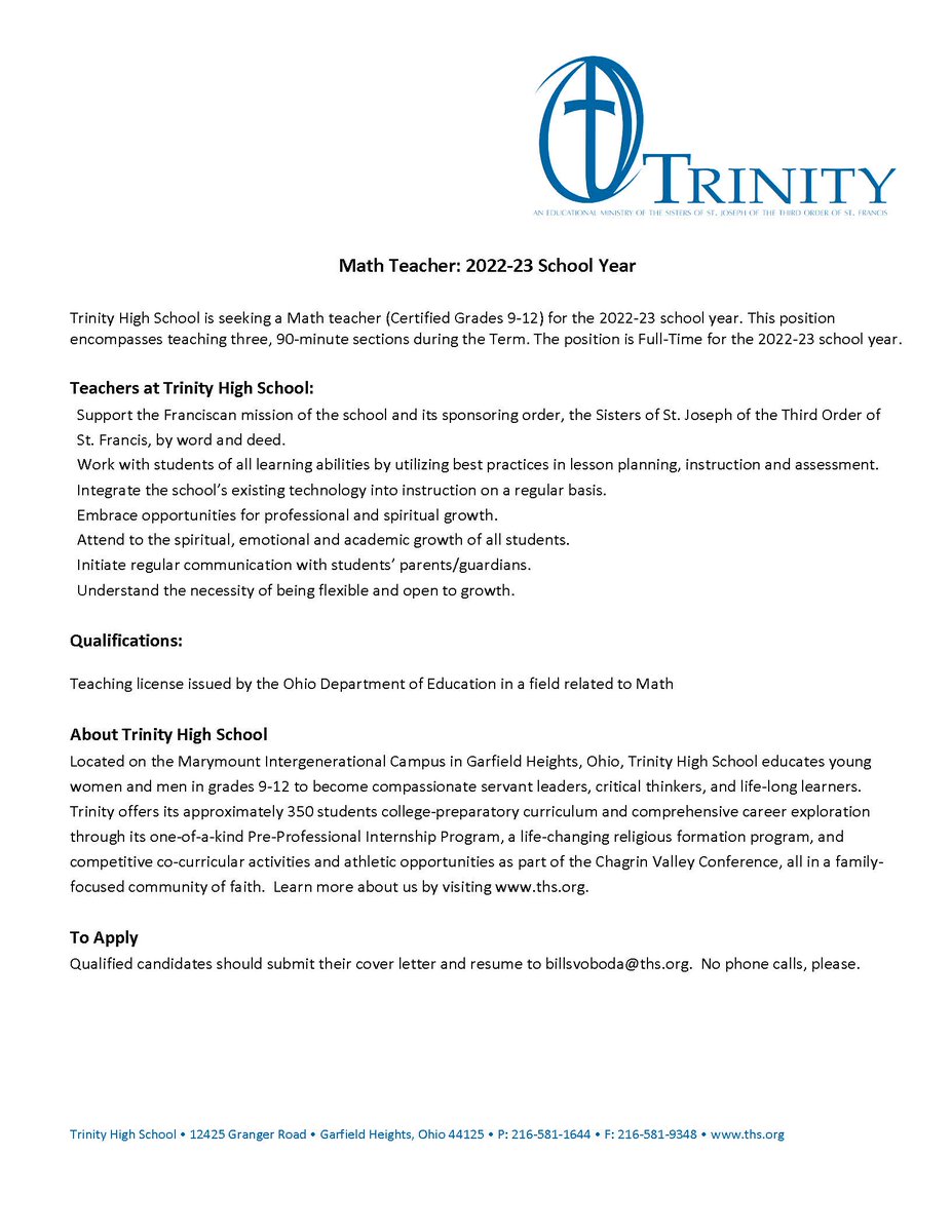 TrinityHS's tweet photo. We have one remaining career opening at THS for a Full Time Math Teacher! The description is attached. All interested candidates can e-mail Mr. @APBoda at billsvoboda@ths.org https://t.co/qxqebSLcti