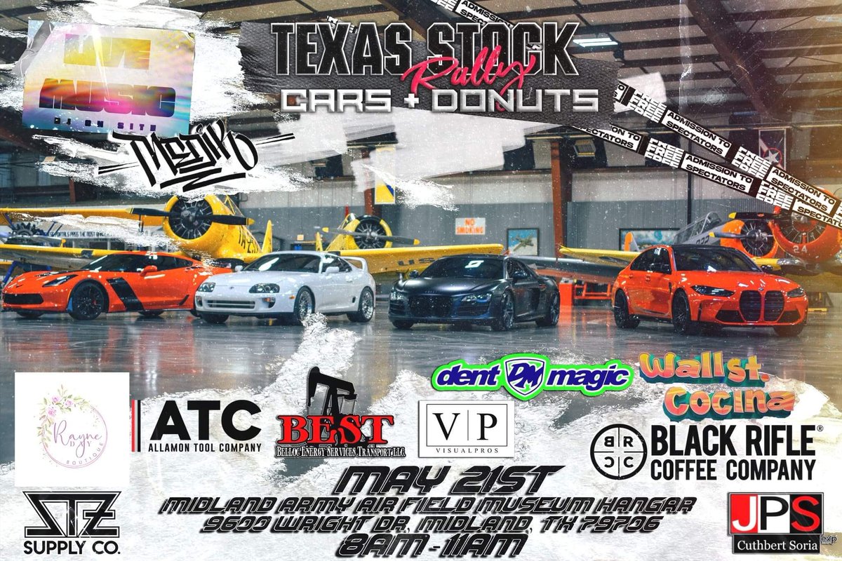 Cars &amp; Donuts
Location: Midland Army Air Field Museum
(9600 Wright Dr, Midland, TX 79706)
May 21, 2022 from 8:00am-11:00am

Car Show Entry fee: $10 per Vehicle (Car,Truck,Bike,Helicopter,etcetera)
Spectators is free Admission
Public parking is free