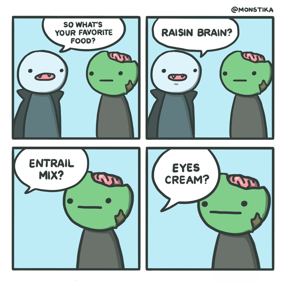 Monstika's tweet photo. 🧟‍♀️ Zombie's favorite food 🧟‍♂️ 
 #Zombie #punny #puns #comics https://t.co/QTEAX4OFm3