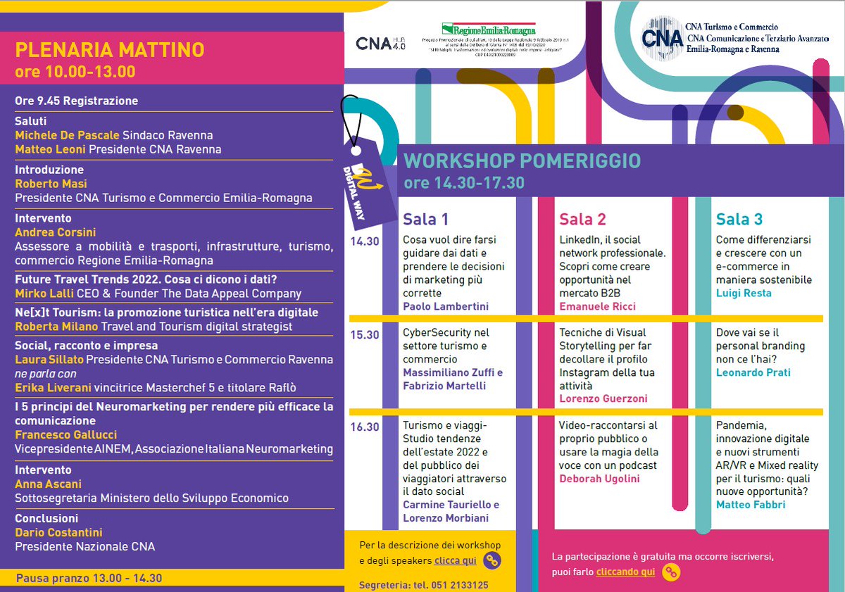 NevioSalimbeni's tweet image. Una #Digitalway per #turismo, #commercio, #servizi è necessaria. Se poi riunisci, a #Ravenna il 12 maggio, amministratori, imprese, experience con i contenuti speciali di @robertamilano @mkl @EBurioni @liverani_erica  beh... allora si fa sul serio!
Info: ra.cna.it/eventi/digital…