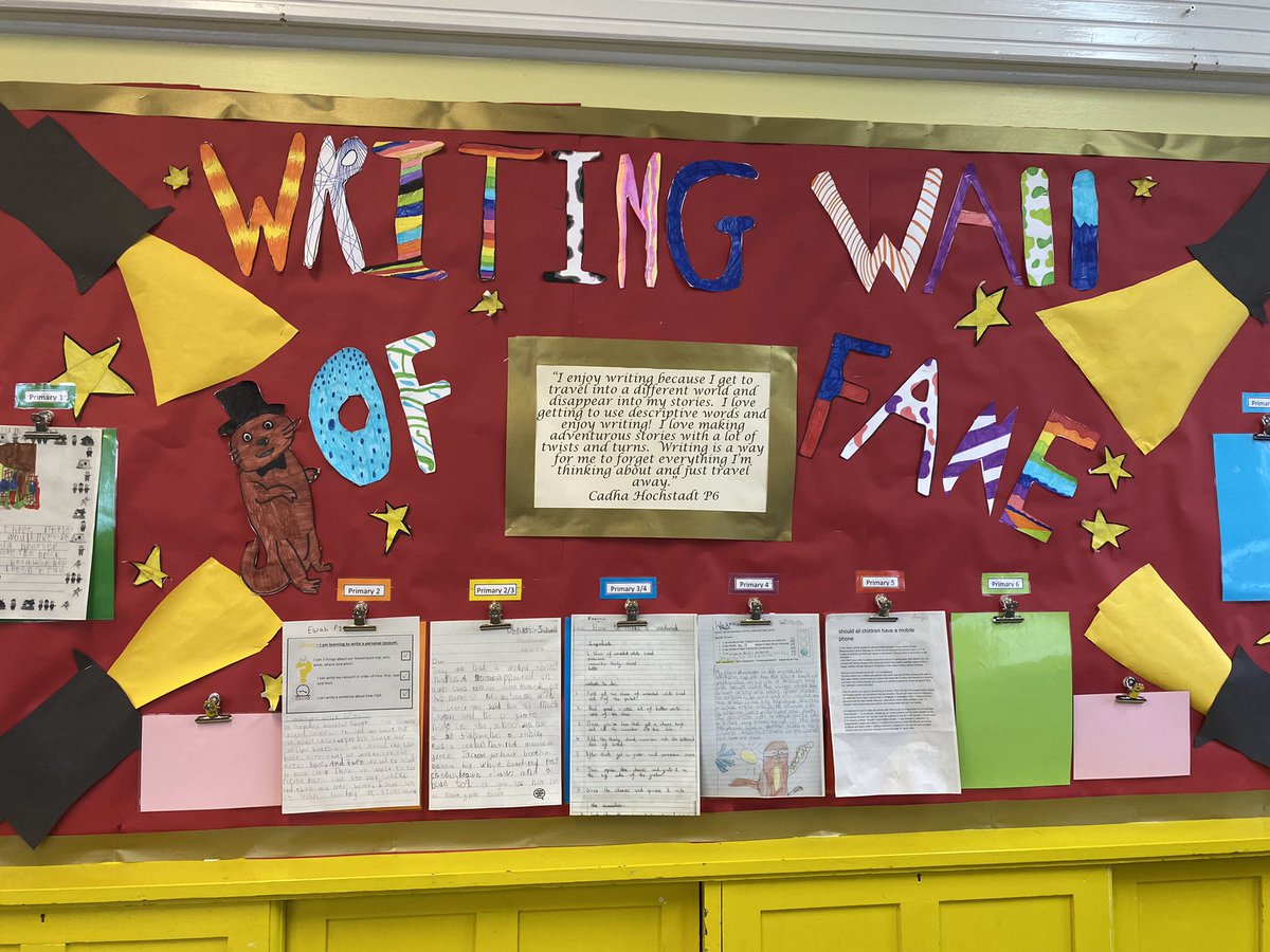 DunnottarSchool's tweet photo. WE SHINE โจ celebrating our learners who have met their success criteria in writing! Their work has been displayed on our new Writing Wall. Thanks to P7 for designing and building it. #successfullearners #weshine #writingstars https://t.co/jZ7FW39EZC