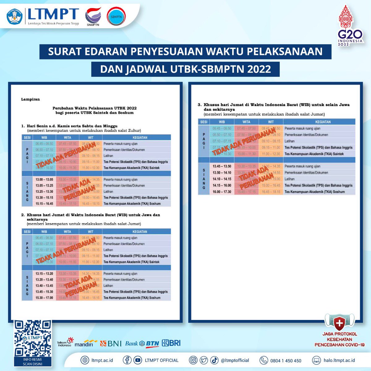 ltmptofficial's tweet photo. [Surat Edaran: Penyesuaian Waktu Pelaksanaan dan Jadwal UTBK-SBMPTN 2022 bagi Peserta Saintek dan Soshum]

Halo, Calon Mahasiswa Indonesia!

Terdapat sedikit perubahan untuk Kelompok Ujian Saintek dan Soshum yang dilaksanakan khusus pada hari pada Sesi Siang untuk- https://t.co/B7YunHTDBu