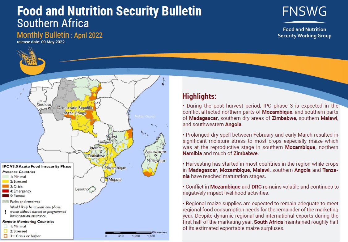 FNSWG_SRNAFR's tweet photo. 📢Our Monthly Bulletin, April 2022 has been released and covers #AgriculturalSeason, #Climate, #Nutrition, #MarketPrices and #CropCondition, #Assessment in #SouthernAfrica
🔗Access the full bulletin👉https://t.co/OVEtlNZlWZ https://t.co/DxWG9DkPEf