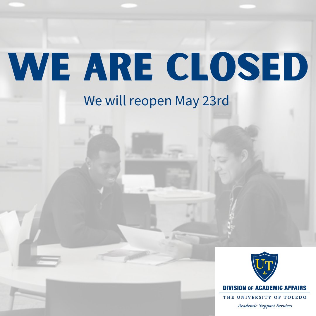 UToledoWC's tweet photo. Congratulations on finishing finals, Rockets! The WC is going to take a little break, but we will be back during the second week of summer classes (May 23rd)

ID: A writing consultant and student working together. The text above them reads, "We are closed We will reopen May 23rd" https://t.co/5Yq4fuVnxT