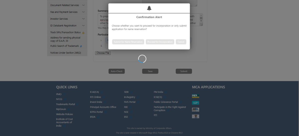 jitesh_sondagar's tweet photo. Can not apply for Name Reservation via Spice+ forms.. Whenever i tried to submit the form,it is only buffering.. please do the needful @MCA21India https://t.co/vOWDj1VG0X
