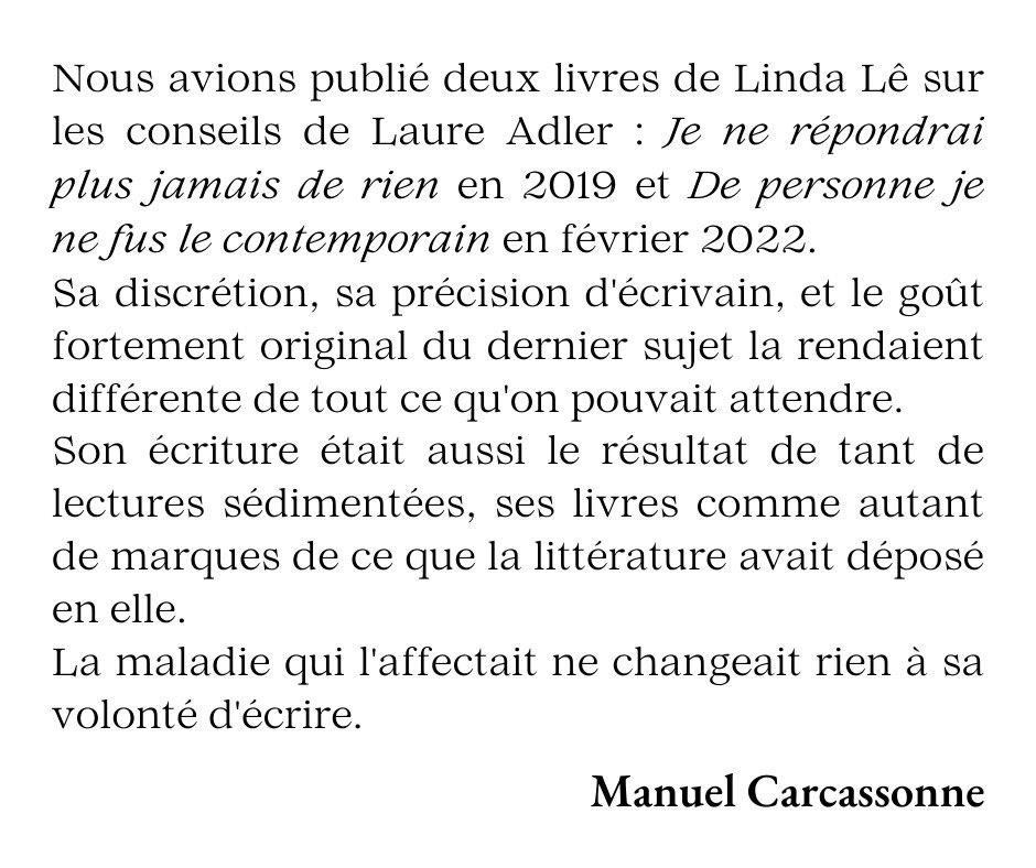 EditionsStock's tweet photo. Nous souhaitons rendre hommage à Linda Lê décédée ce matin.
« Son écriture était le résultat de tant de lectures sédimentées, ses livres comme autant de marques de ce que la littérature avait déposé en elle. » 
Manuel Carcassonne
directeur des Éditions Stock

Photo B Shehaan https://t.co/krObWmXDfg