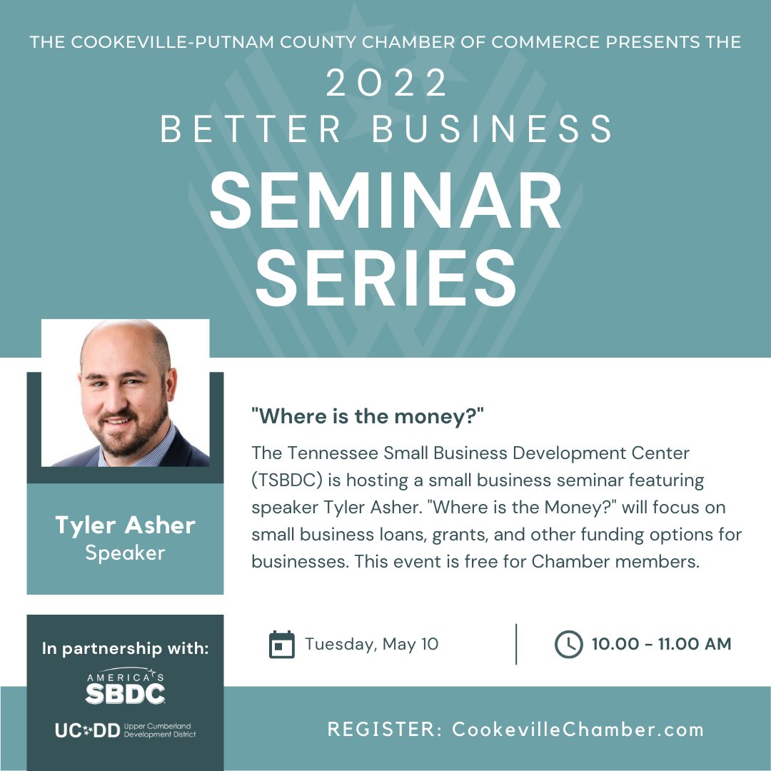 TOMORROW! 

Small business grants, loans and more 📈 💸

Important information incoming from our friends at Tennessee Small Business Development Center at UCDD coming up TOMORROW!

This event is FREE for chamber members! 

Register now: cookevillechamber.chambermaster.com/eventregistrat…