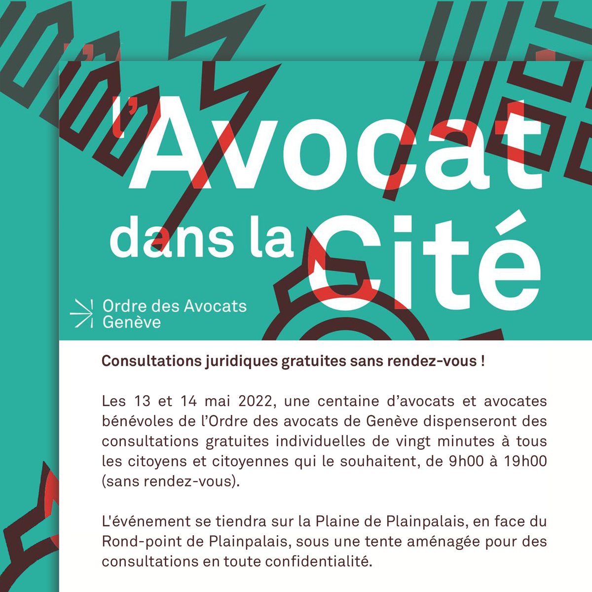 A l'occasion de l'Avocat dans la Cité les 13 et 14 mai, les avocats et avocates de Genève se mettent au service des citoyens et citoyennes pour offrir des consultations juridiques gratuites individuelles de 20 minutes (sans rendez-vous). Plus d’infos : bit.ly/3yhcR8E