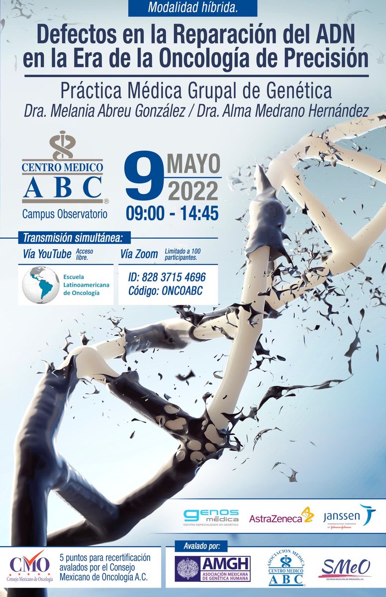 mel_genetica's tweet photo. Defectos de Reparación del ADN en la Era de la Oncologia de Precisión.  Empieza a las 9! #genetica #oncogenetica #oncologia #PARPi ⁦@RareDisMx⁩ ⁦@genosmedica⁩ ⁦@ABCcentromedico⁩ ⁦⁩ https://t.co/Fc40BalnvB