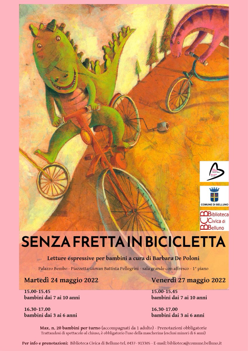 comunebelluno's tweet photo. 🚲🚲 "Senza fretta in bicicletta": #letture #espressive per bambini e ragazzi, aspettando il il Giro d’Italia a Belluno!
😃 Il 24 e 27 maggio, appuntamenti in Biblioteca civica: https://t.co/0Cryb0paif
@BibliotecaBL @giroditalia #ilbellodelgiro #unannodigiro @bellunoinrosa https://t.co/07xOflbn39