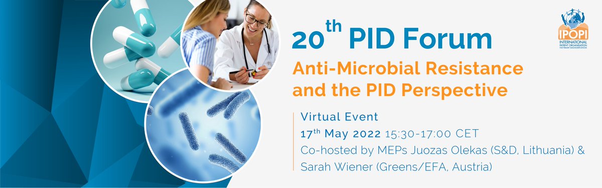 Our 20th PID Forum ‘#AntimicrobialResistance and the PID Perspective’ will take place virtually Tuesday 17 May. MEPs <a href="/juozas_olekas/">Juozas Olekas 🇪🇺</a> and Sarah Wiener will be co-hosting this multi-stakeholder political discussion. To register please DM <a href="/LeireSolis/">Leire Solis</a>
#resistantbacteria #antibiotics