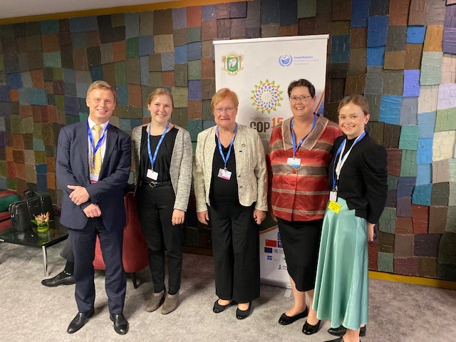 Ulkoministerio's tweet photo. Abidjan’s #UNCCDCOP15 launching today. Finnish presence with UN Land Ambassador President @TarjaHalonen joining with MFA delegation and Finns at @UNCCD Secretariat. https://t.co/iJNTwdxpo0