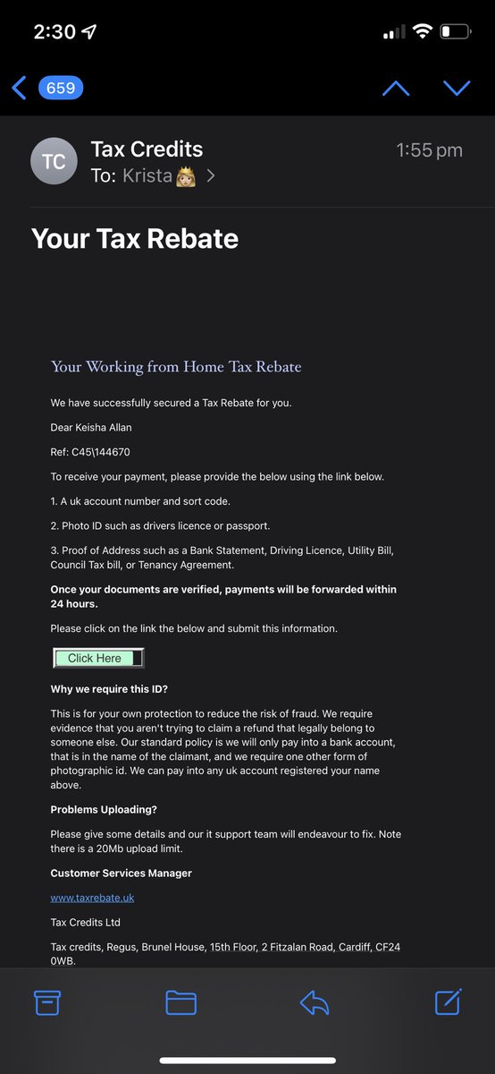 Keisha____Allan's tweet photo. @HMRCcustomers I’ve received an email about a working from home tax rebate and I’m due a cheque at some point for an overpayment of tax as well so I wanted to check if the email I’ve received is genuine and also when I’ll receive my overpayment? https://t.co/N7Gox0LsUC