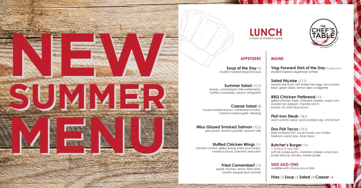 Our new summer menu has arrived!
The students and faculty have created this menu
featuring as many seasonal and local ingredients as
possible. Keep an eye out as we will be featuring items
on the menu each week on our socials.

#fanshawe #newmenu #summer #studentsucces
#lndont