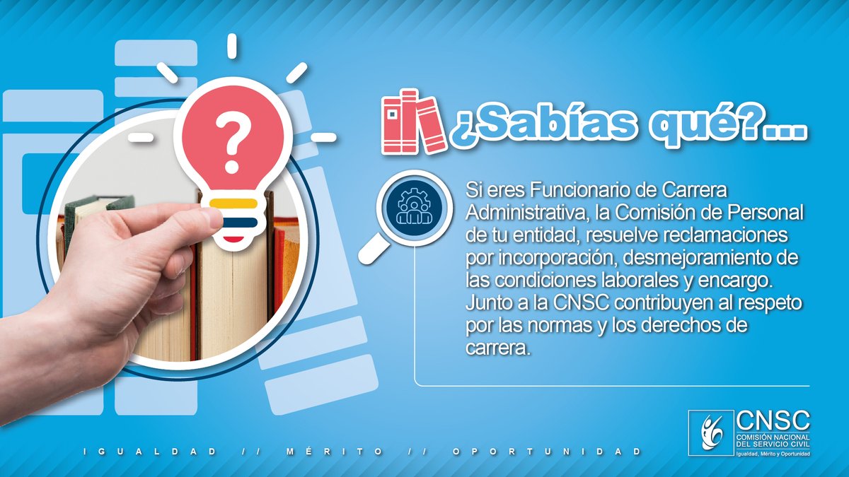 CNSCColombia's tweet photo. Si eres Funcionario de Carrera Administrativa, recuerda que la Comisión de Personal de tu entidad, resuelve reclamaciones por incorporación, desmejoramiento de las condiciones laborales y encargo. 
Junto a la CNSC contribuyen al respeto por las normas y los derechos de carrera https://t.co/mVdhfEt8av