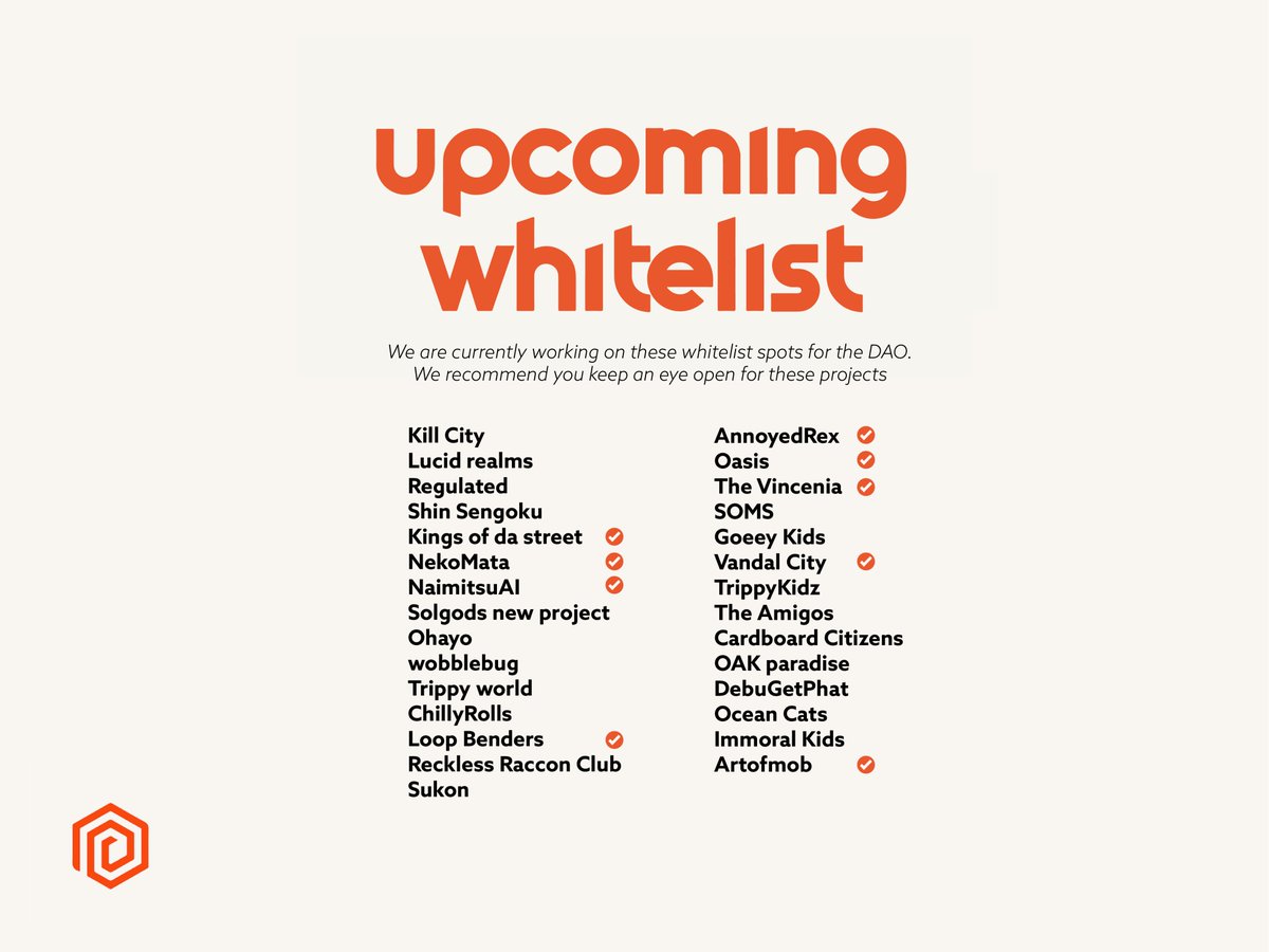 THECCDAO's tweet photo. Our Hunters and @Jan1kkk are currently working very hard on getting whitelists spots. We have compiled a list for you, so you can see what is on our radar and what collabs we are working on. Orange check marks mean = WL received. 

List with @ in the thread.

- THECCDAO. 🧡 https://t.co/WjaunqA8O6
