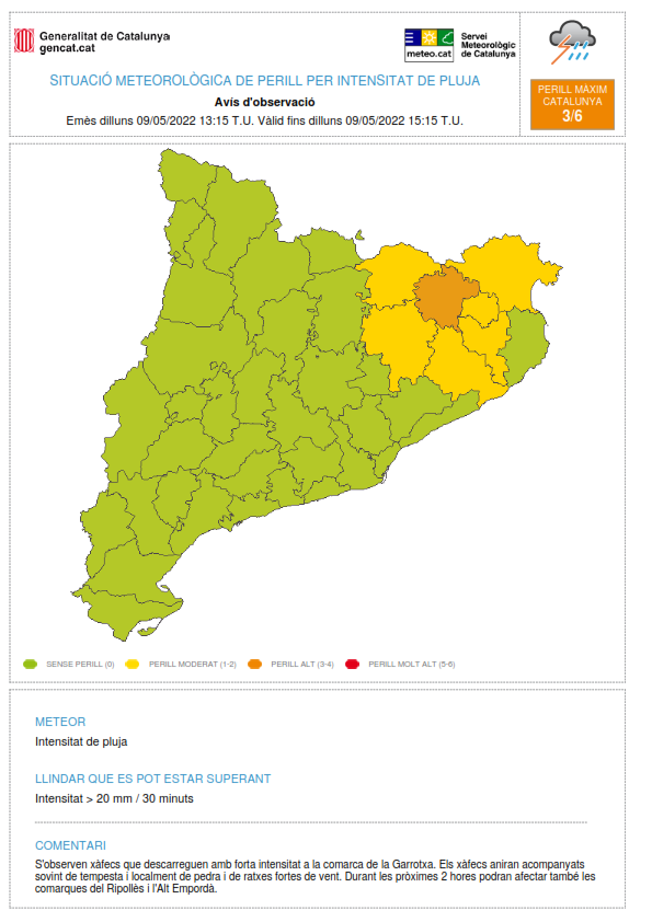 meteocat's tweet photo. ⚠ El Servei Meteorològic de Catalunya emet avís d'observació per intensitat de pluja (#SMP) ⚠
➡ Més de 20 mm en 30 minuts.
➡ Comarques del nord-est.
A Olot s'han superat els 23,5 mm en 30 minuts. https://t.co/WnF46RFaU5