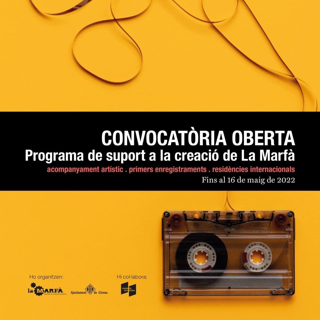 GironaCrea's tweet photo. CONVOCATÒRIA OBERTA!
Programa de suport a la creació de La Marfà 2022.
📅 El termini de sol·licituds està obert fins al dilluns 16 de maig!
#gironacrea #música #lamarfa https://t.co/OlDy6PsUTl