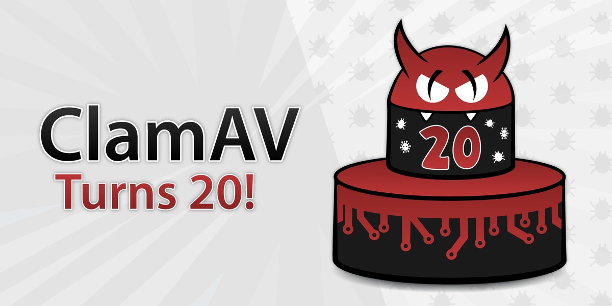 clamav's tweet photo. We formally reached our 20th anniversary over the weekend. Thanks to everyone who's supported us over the years. We wanted to celebrate by writing about how far we've come and where ClamAV is headed in the future https://t.co/rmOH3iRPX3 https://t.co/ZEG1iQ9Dz1