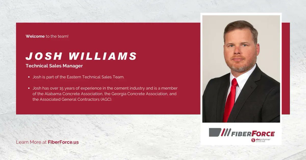 abcFiberForce's tweet photo. Meet Josh Williams, Technical Sales Manager, for the FiberForce team! He is responsible for technical sales &amp; support for fiber reinforced concrete (FRC) solutions, working with ready-mix producers, finishers, general contractors, &amp; engineers. Welcome to the team, Josh! https://t.co/DoFJsszWyl