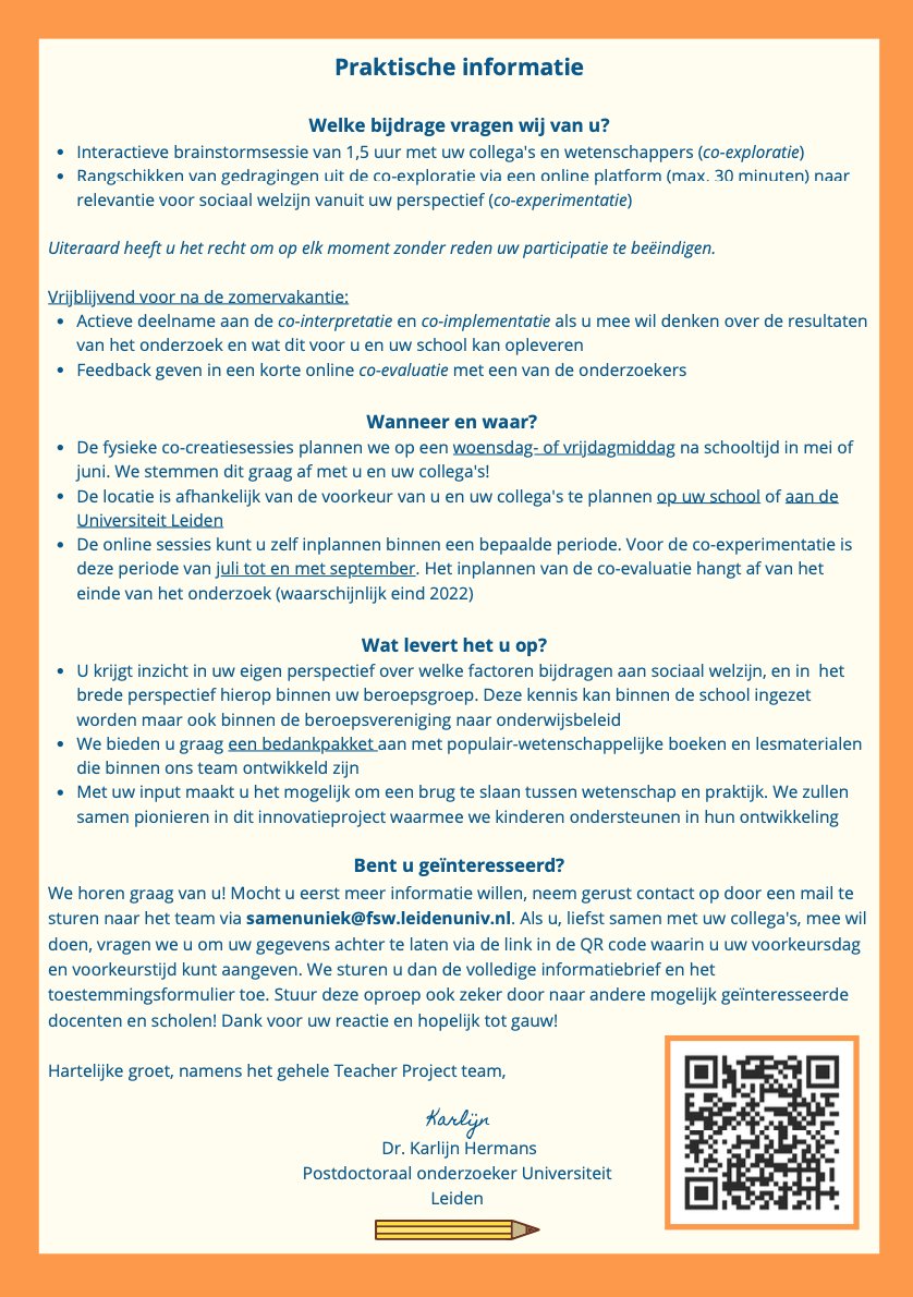 💫Docenten groep 7/8 gezocht!💫
In het Teacher Project vergelijken en integreren we wetenschappelijke en praktische kennis over sociaal gedrag &amp; het brein met het doel de onderwijspraktijk te ondersteunen. 

Deel daarom jouw perspectief met ons!