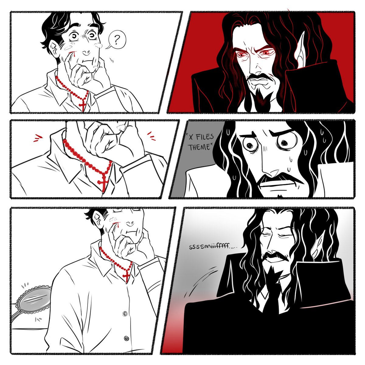 Jonathan looks at Dracula with an open, curious expression. There is remnants of shaving cream on his face and a small, bleeding scratch on his cheek. Dracula glares intensely as he gripped Jonathan's chin. The middle panel zoomed in on the red rosary around Jonathan's neck and Dracula immediately looked unease, the caption near his face says "x-files theme." The bottom panel zooms in on the silver-backed mirror on the dresser behind Jonathan. Dracula takes a deep breath and leans back. 