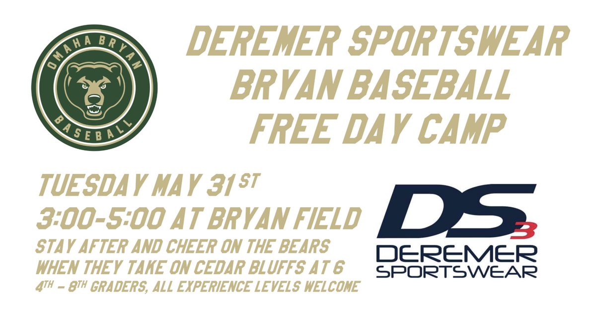 Bearsbaseball64's tweet photo. Bryan Baseball is hosting a FREE day camp on May 31st!

The first 50 kids to sign up will get a camp t-shirt courtesy of Deremer Sportswear. 

https://t.co/pymjepnoUB https://t.co/GZqijCrIsM